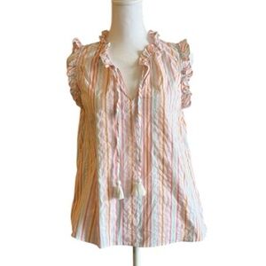 Vineyard Vines Performance Ruffle Sleeve Striped Tassel Blouse XS Pastel